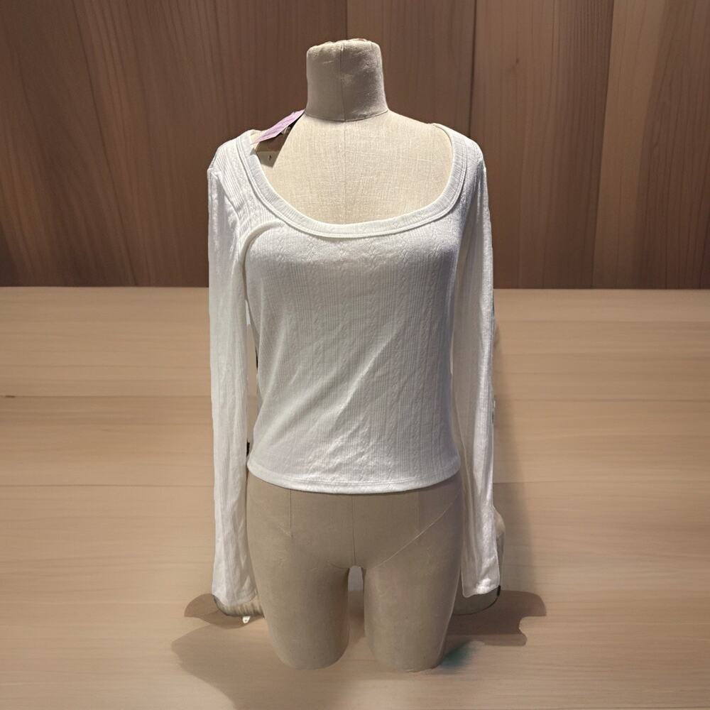 Wild Fable Women Large Trendy Square Neck White Long Sleeve Pointelle Shirt New